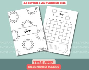 June Title Page and Calendar V2 - Sun edition– Printable Monthly Planner – Bullet Journal Cover – A4 A5 PDF – BuJo Insert – Instant Download