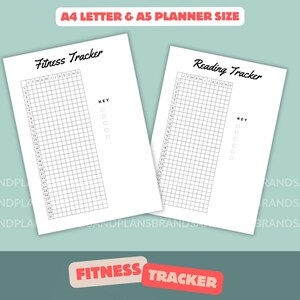 May include: Two printable pages for tracking fitness and reading goals. Each page has a grid with days of the week and numbers 1-31. The top of each page has the title "Fitness Tracker" or "Reading Tracker" in black text on a white background.