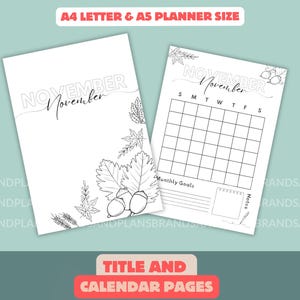 November Title Page - November Calendar - Printable Monthly Planner - Journal Cover and Calendar - A4 & A5 Digital Download