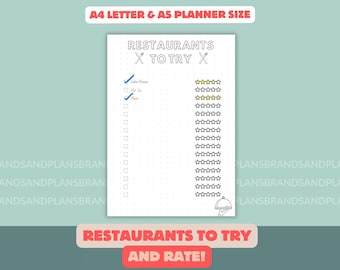 Restaurants to Try Tracker - Printable Journal Page - Restaurant Rating Log - A5 & A4 Size - Dots and No Dots - Digital Download