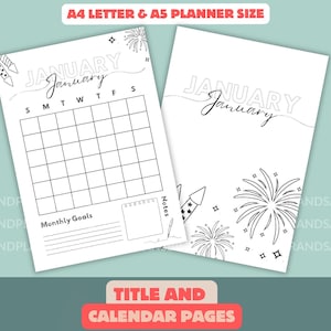 January Title Page and Calendar - Printable Planner Page - Bullet Journal - A4 & A5 Digital Download