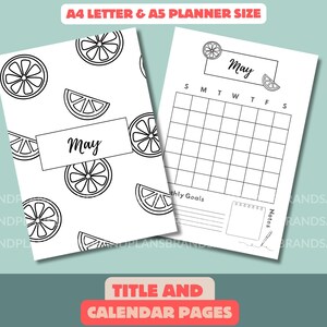 May include: Printable planner pages with a lemon theme. The title page features a black and white lemon pattern and the text "May". The calendar page has a grid for each day of the month with the text "May" at the top and "Monthly Goals" and "Notes" sections below.