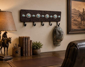 Rustic Western Turquoise Concho Coat Rack | Farmhouse Entryway Organizer | Towel Rack | Coffee Mug Holder (20x7")
