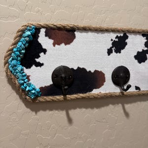 Handmade Farmhouse Western Cow Print & Turquoise Wall-Mounted Hat and Coat Rack, Towel Rack 26.5x6 image 9