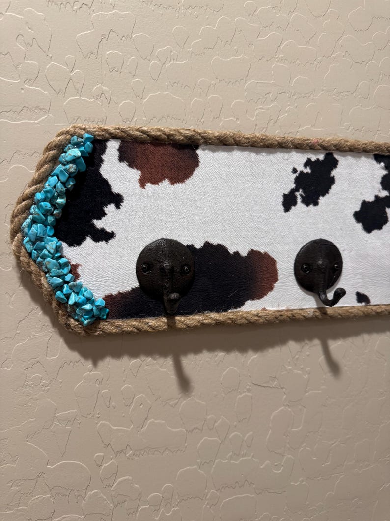 Handmade Farmhouse Western Cow Print & Turquoise Wall-Mounted Hat and Coat Rack, Towel Rack 26.5x6 image 9
