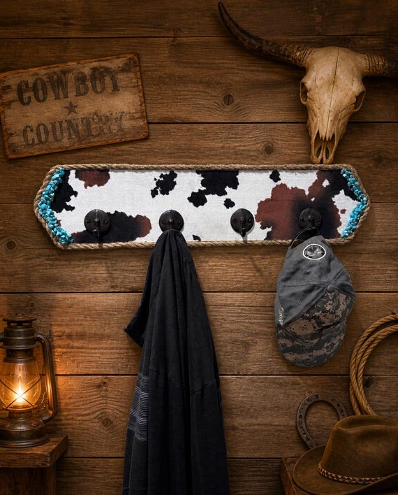Handmade Farmhouse Western Cow Print & Turquoise Wall-Mounted  Hat and Coat Rack