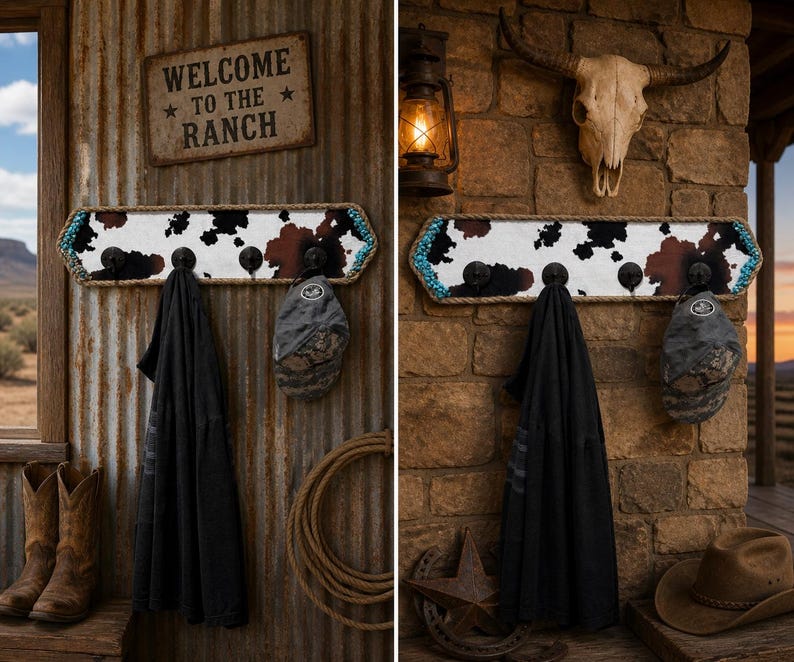 May include: A rectangular wall-mounted coat rack featuring a cowhide print pattern, bordered by a thick rope trim and turquoise accents. The rack includes four black metal hooks, with a black garment and a grey baseball cap hanging from them.
