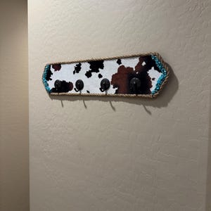 Handmade Farmhouse Western Cow Print & Turquoise Wall-Mounted Hat and Coat Rack, Towel Rack 26.5x6 image 2