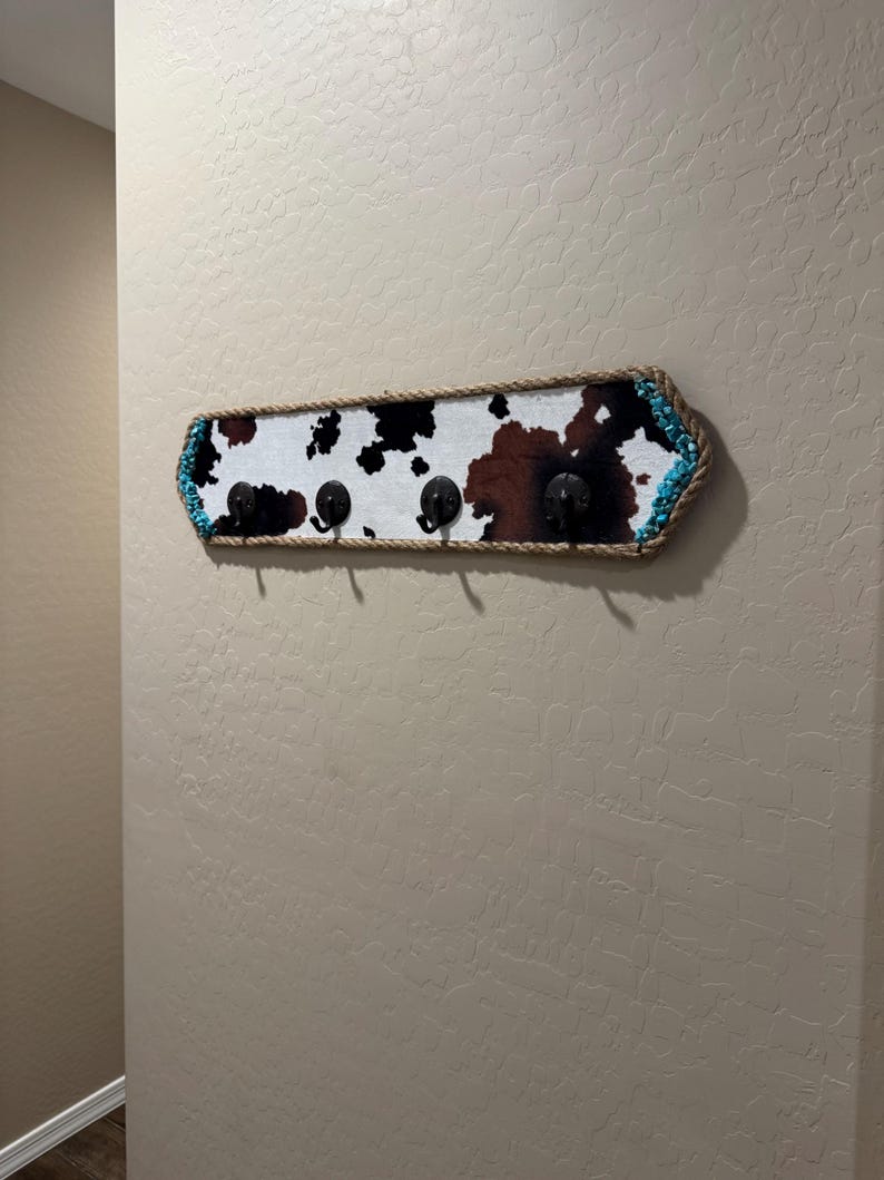 Handmade Farmhouse Western Cow Print & Turquoise Wall-Mounted Hat and Coat Rack, Towel Rack 26.5x6 image 2