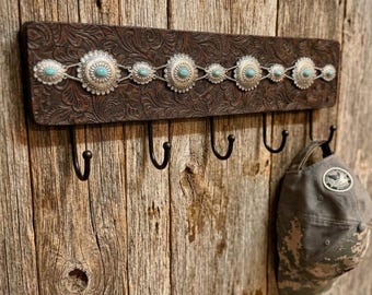 Rustic Western Turquoise Concho Coat Rack | Farmhouse Entryway Organizer (18x6")