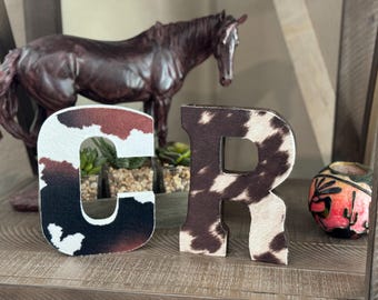 Handmade Cowhide Print Wooden Letters | Western Farmhouse Decor | Ranch Style Initials | Rustic Home Decor | Personalized Western Nursery