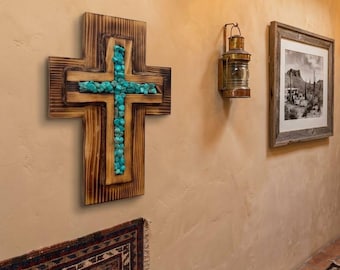 Handmade Wood Cross, Layered Wooden Cross Wall Art, Faux Turquoise Accents, Rustic Ranch Decor, Wooden Wall Cross 12x9.5