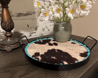 Bandeja de servir de piel de vaca estilo western hecha a mano – 30 cm (12") Decoración rústica para el hogar