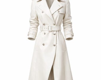 Genuine Leather White Trench Coat – Belted Double Breasted Long Coat