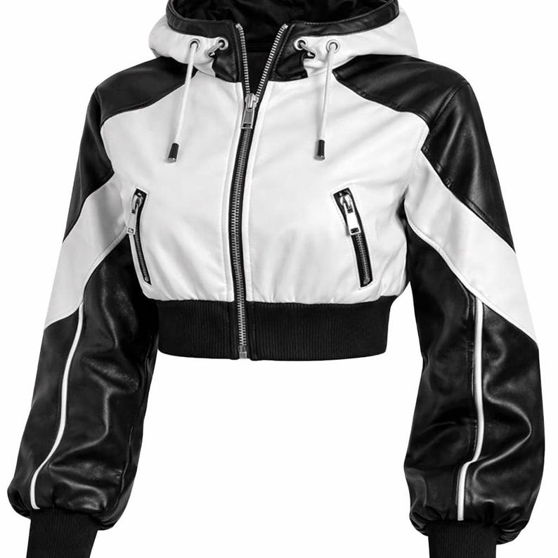 Cropped Hooded Leather Zip Jacket – Black and White Sport Style Short Jacket image 1
