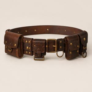 Handmade Genuine Brown Leather Utility Belt – Medieval LARP Belt with Pouches, Steampunk Waist Belt, Renaissance Festival Leather Gear