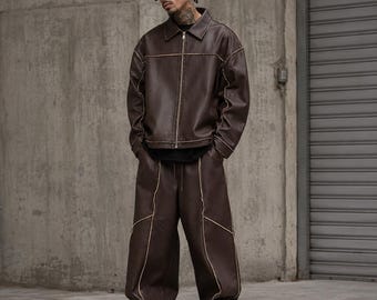 Men’s Brown Oversized Leather Tracksuit – Handmade Vintage Leather Jacket and Wide Leg Pants Set