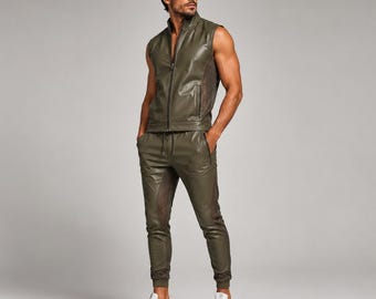 Men’s Olive Green Leather Tracksuit – Handmade Sleeveless Leather Vest and Jogger Pants Set