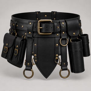 May include: A black utility belt featuring multiple pouches, cylindrical holders, and brass-toned metal hardware including buckles, rivets, and D-rings. The belt has a central pointed panel and adjustable straps with small buckles on the attached pockets.