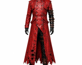 May include: A long red distressed coat with a high collar, double-breasted metal buttons, and a jagged hemline. The left sleeve is black with multiple buckled straps. The outfit includes black trousers with buckled leg straps and black boots.