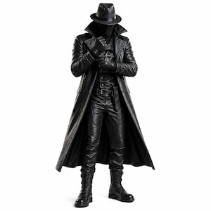 May include: A full-length black leather trench coat worn over a matching black leather jacket, black trousers, and black leather gloves. The outfit includes a black fedora hat and black lace-up combat boots, creating a monochromatic ensemble.