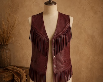 Bordeauxrood leren damesvest met franje – handgemaakt western boholeren gilet met lange franje
