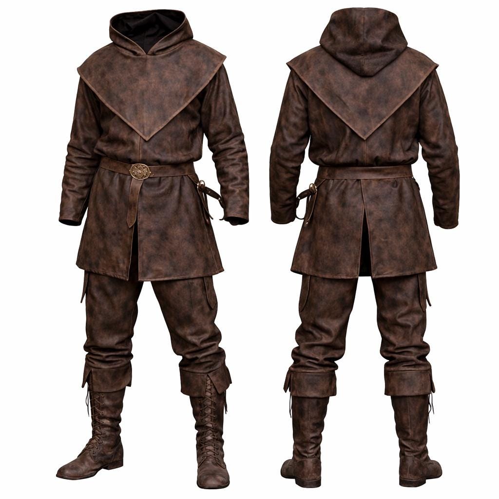 Genuine Leather Viking Hooded Costume Set – Rustic Brown Leather Tunic ...