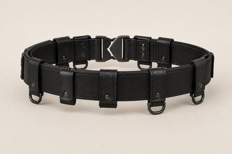 May include: A black utility belt featuring a matte finish, multiple vertical loops, and several small metal D-rings attached along the lower edge. The belt is secured with a central black metal buckle mechanism that interlocks at the front.
