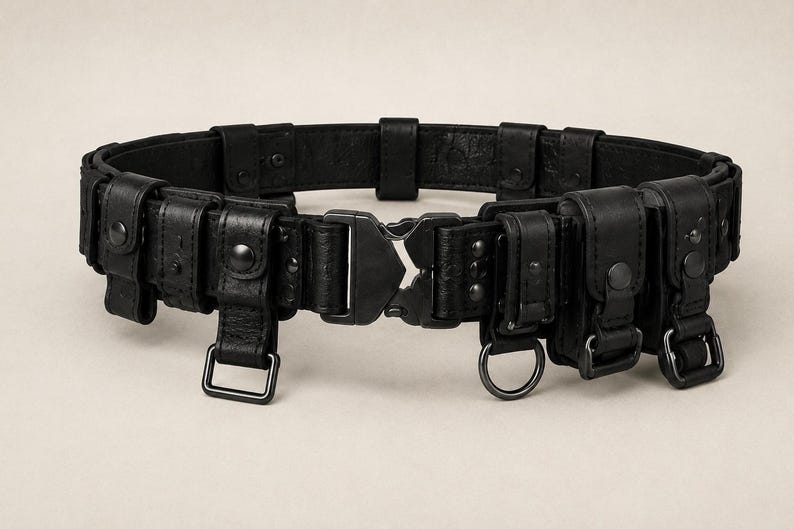 May include: A black utility belt constructed from textured leather, featuring multiple small pouches with snap-button closures, integrated metal D-rings, and a central matte black tactical-style quick-release buckle mechanism.