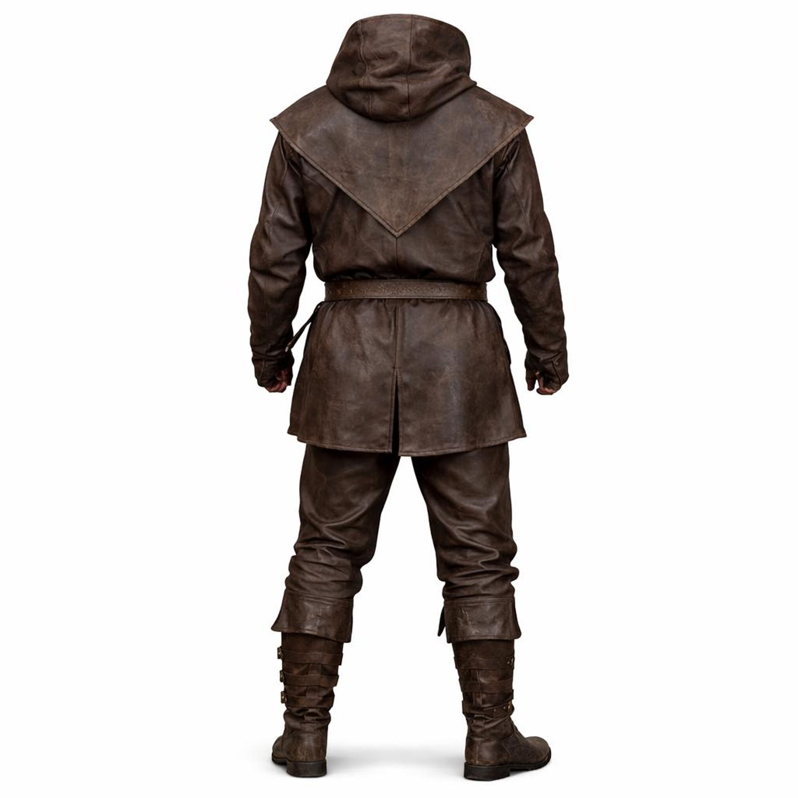Genuine Leather Viking Hooded Costume Set – Rustic Brown Leather Tunic ...