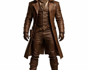 Men's Brown Leather Explorer Trench Coat Outfit – Genuine Handmade Adventure Suit