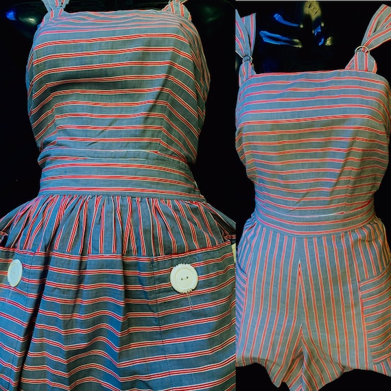 1940's Women's Grey Red & White Striped Play Suit