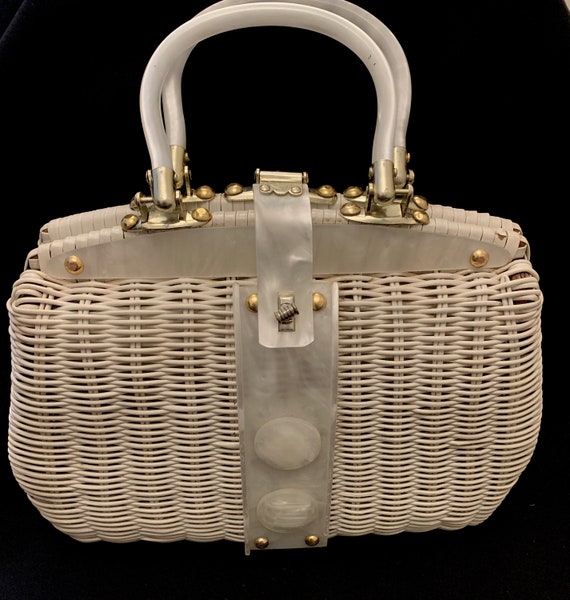 1950's Women's White Plastic Coated Wicker & Lucit