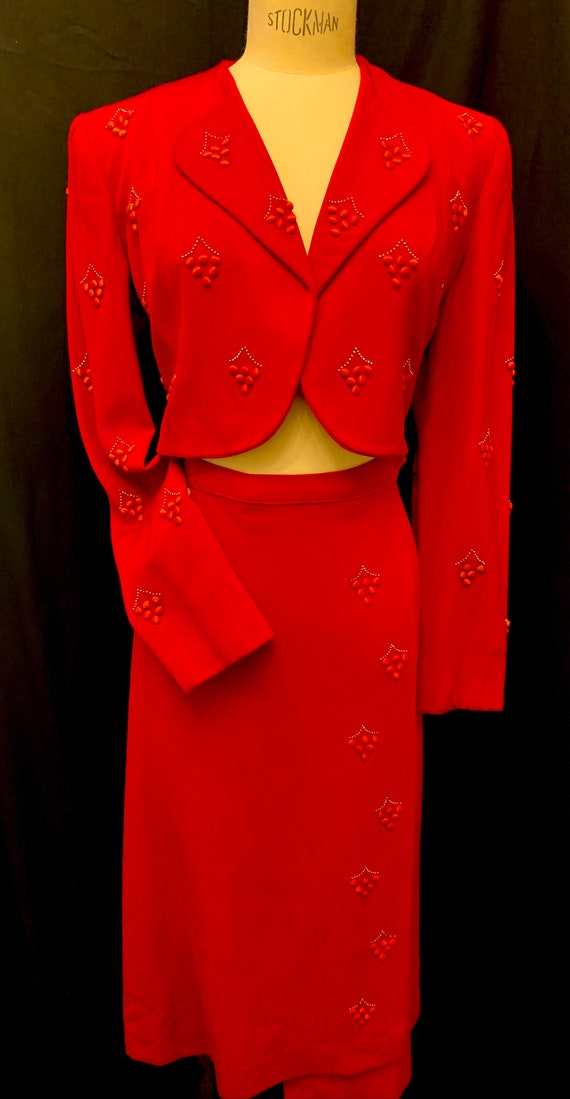 1940's Women's Red Gaberdine Bolero Suit by Consta