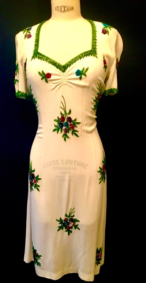1940's Women's Floral Beaded White Crepe Dress