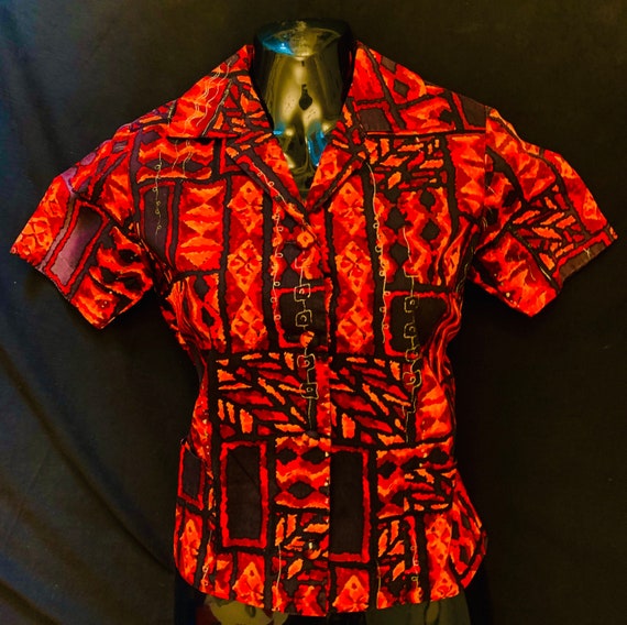 1950's Women's Cropped Cotton Tiki Print Hawiian S