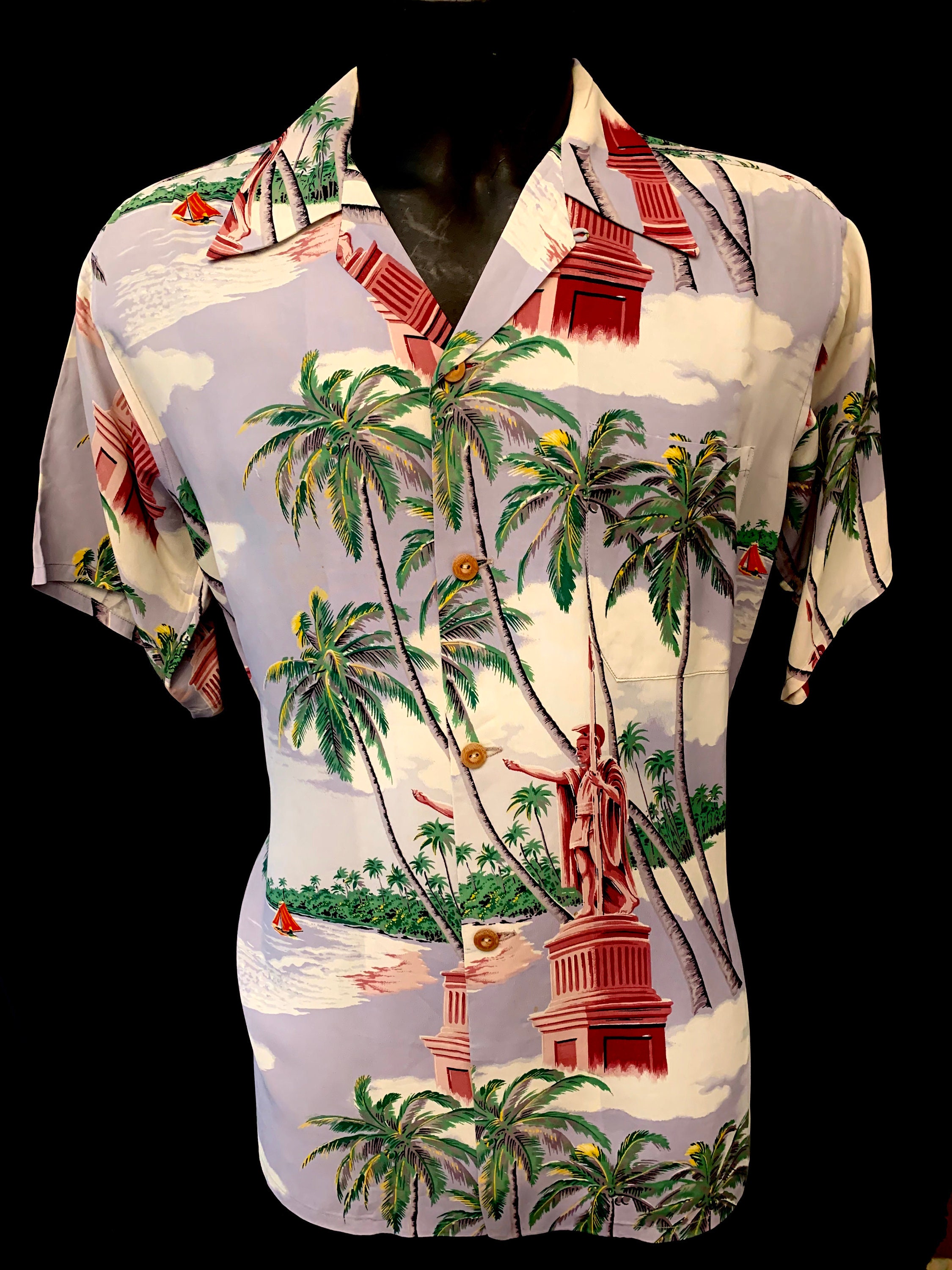 Image of 1950's Men's "King Kamehameha" Crepe Rayon Print Shirt By Hookano Of Hawaii