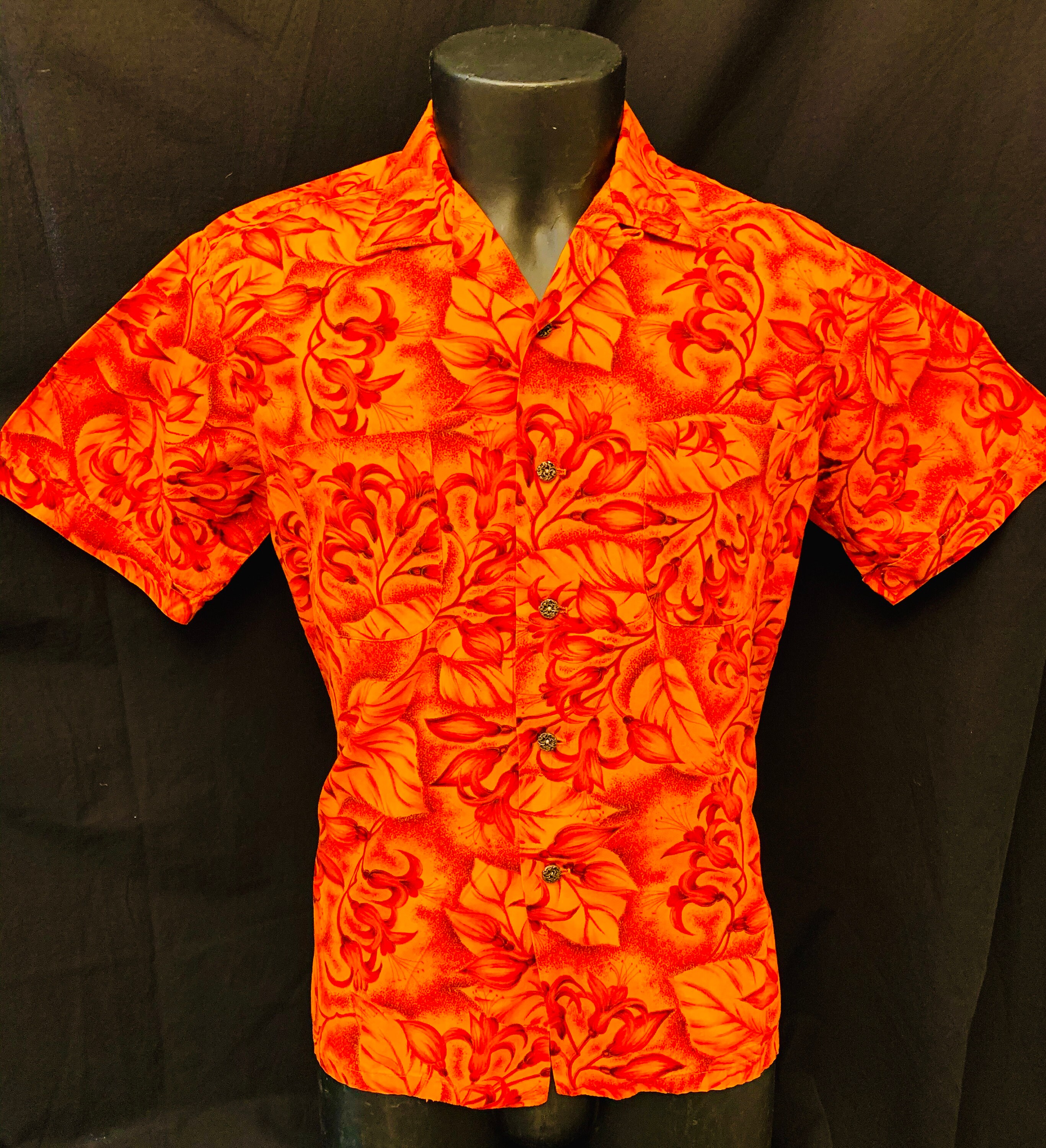 Image of Men's 1950's Orange Floral Cotton Print Resort Shirt