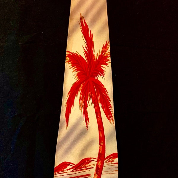 1940's Men's Silk Crepe Copper and Grey Hand Painted Palm Tree Tie