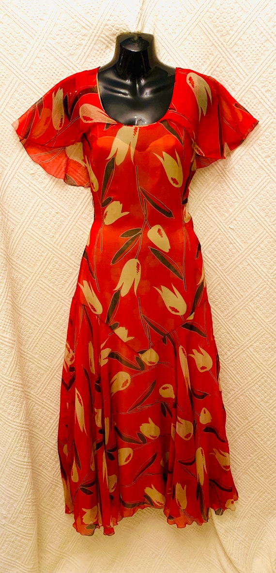 1930's Women's Floral Print Silk Chiffon Gown by