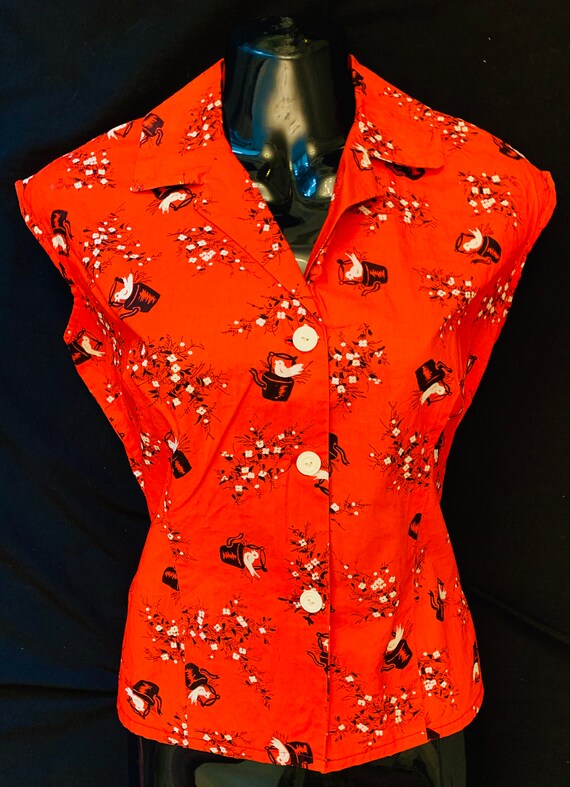 1950's Women's Red Cotton Novelty Print Blouse