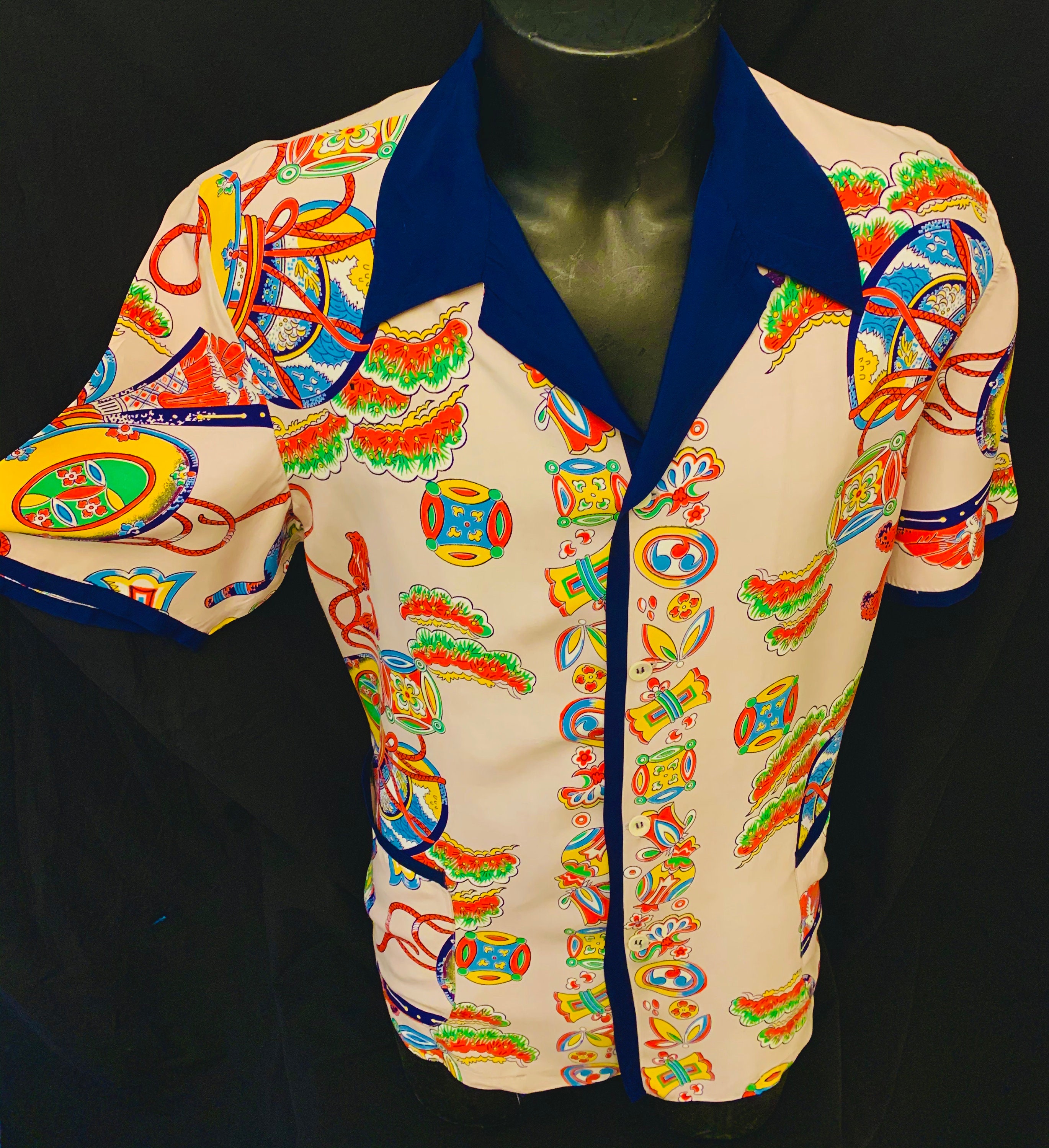 Image of 1940's Men's Rayon Oriental Drum Print Resort Shirt By Royal Palm Of Miami