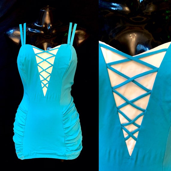 1950's Women's Turquoise and White Catalina Swimsu
