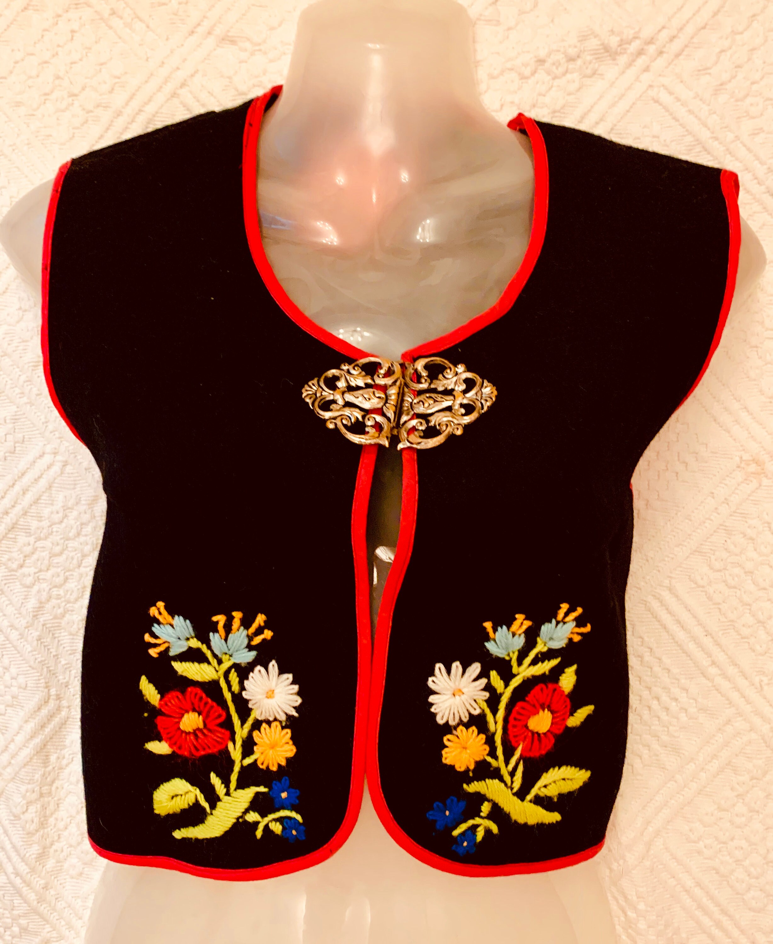 Image of 's Women's Black Wool Felted Embroidered Alpine Waistcoat/Vest