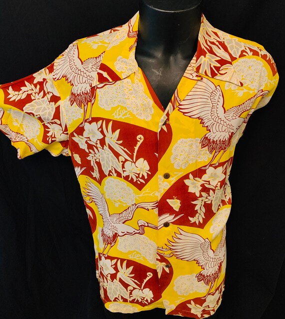 1940'sVintage Style Rayon Crane Print Resort Shirt