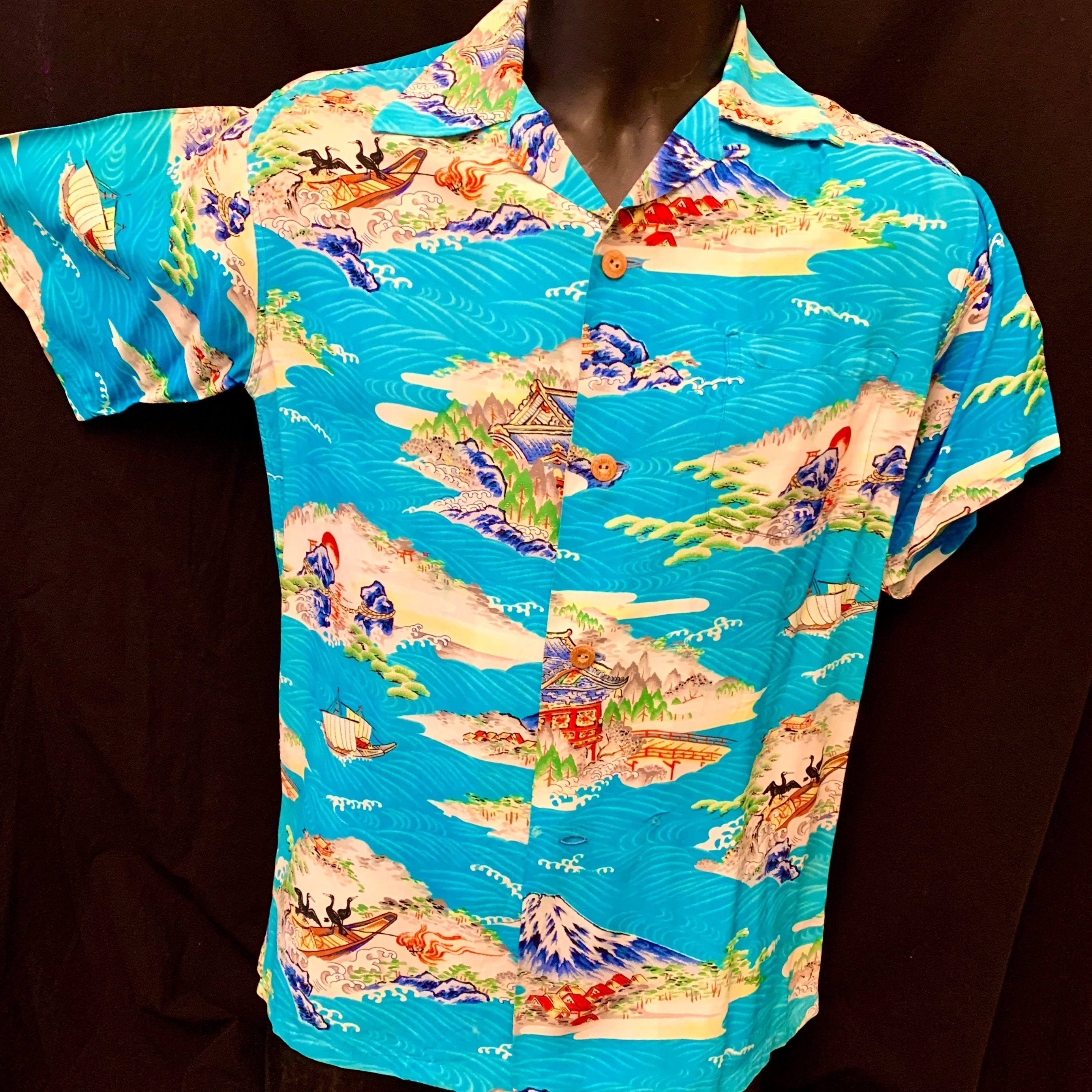 Image of 1950's Men's Iolani Rayon Crepe Oriental Print Resort Shirt