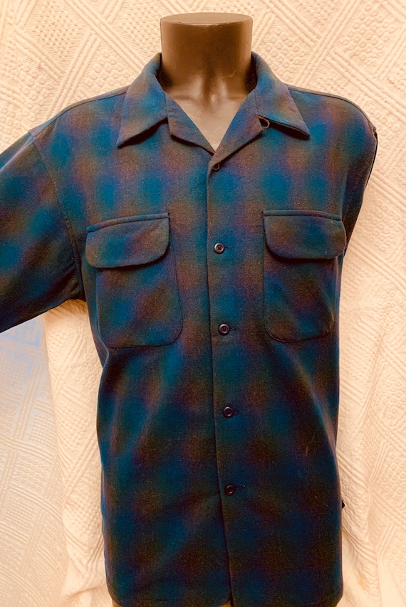 1950's Men's Teal Blue and Green Pendleton Woollen