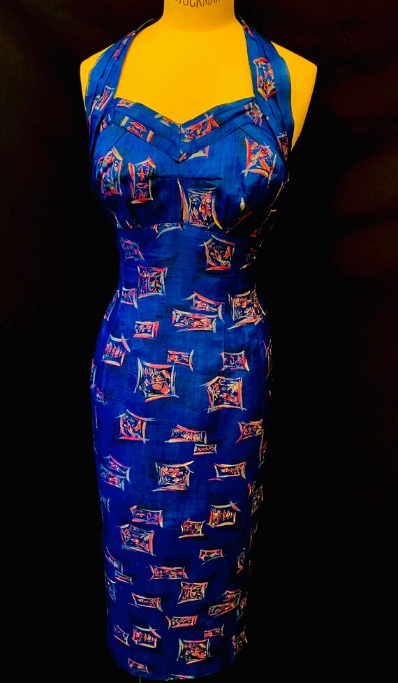 1950's Women's Silk Oriental Print Halter Neck D