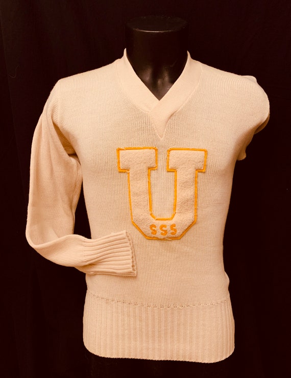 1950's Men's Cream Woollen Letterman/ Varsity V Ne