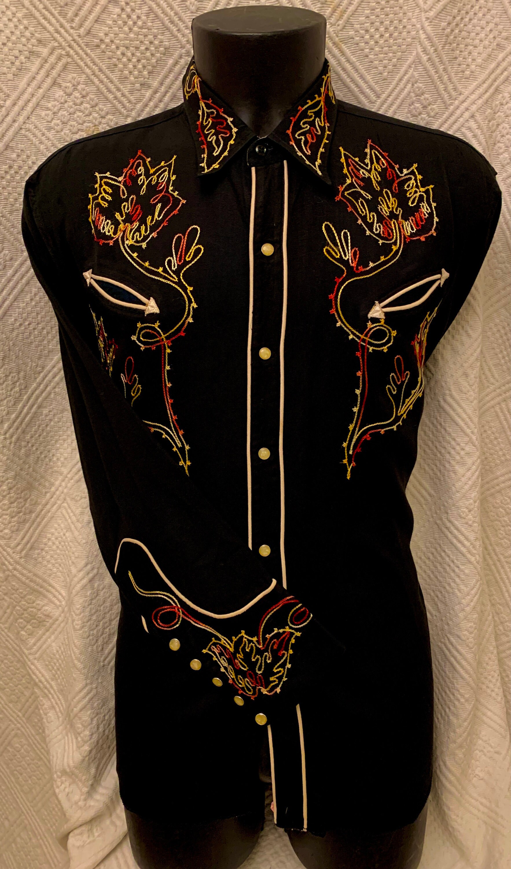 Image of 1950's Men's Black Karman Of Denver Gabardine Embroidered Western Shirt